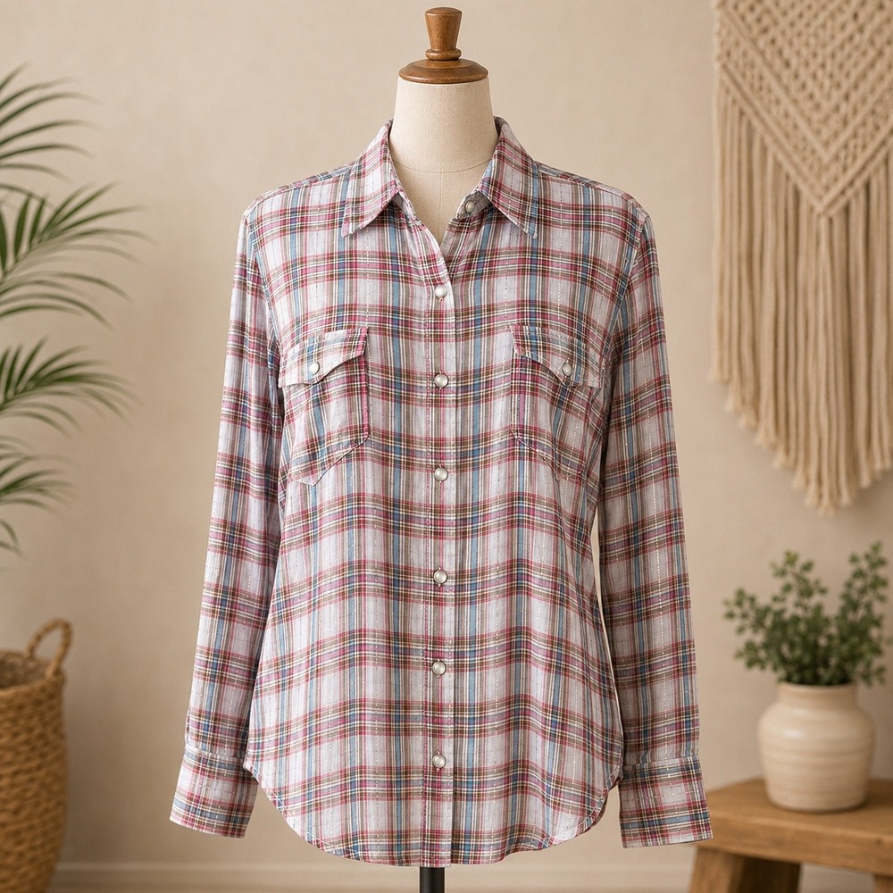 Western Pearl Snap Shirt Women's XL Pink Blue Plaid Wrangler Rodeo EUC